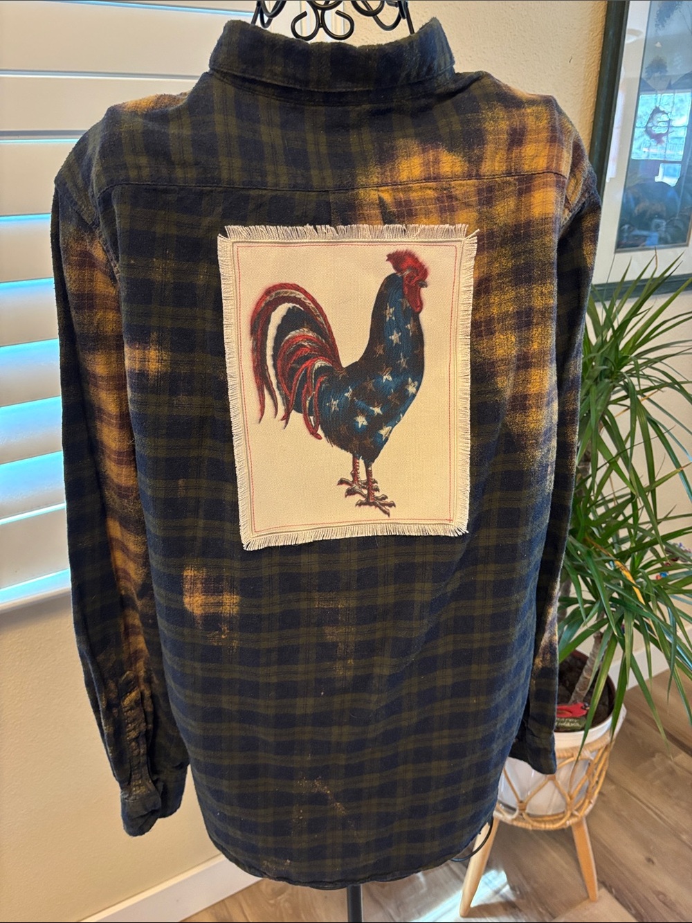 Handmade one of a kind distressed Plaid Rooster Patch Flannel Shirt